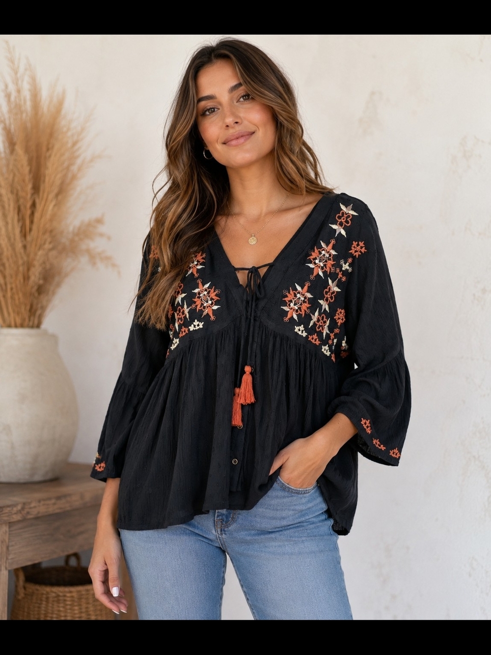 En Crème Black Embroidered Boho Peasant Blouse